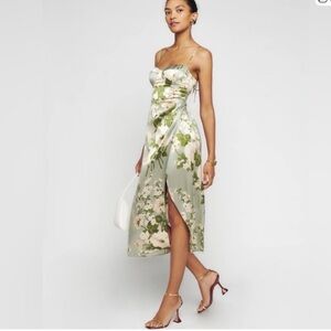 Reformation Marguerite Sage Green Floral Silk Midi Dress in Endive